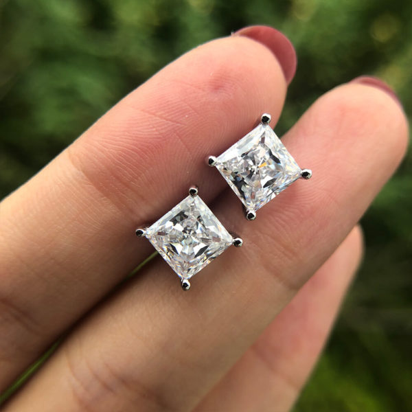 925 silver square diamond stud earring vintage 4 prong setting zirconia stud wholesale