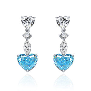 Aquamarine Blue Zirconia Heart Dangling Earrings