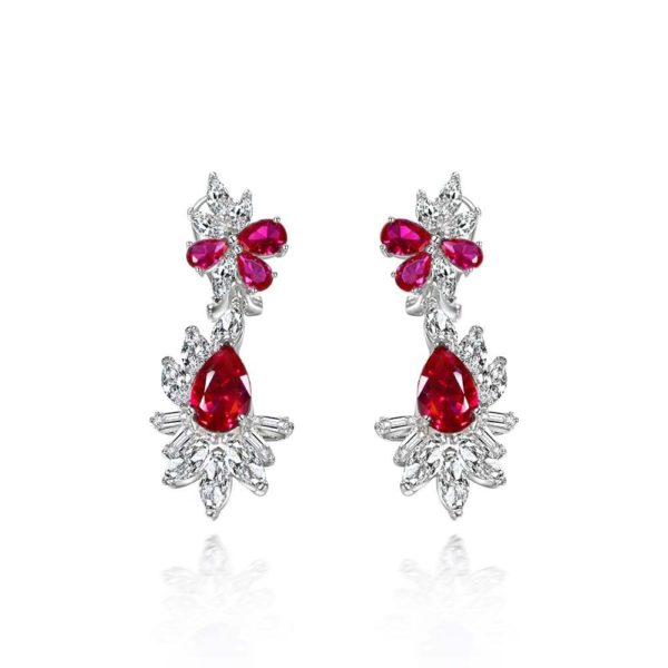 Customized made designs luxury 8*12mm oval cut red ruby zirconia setting 925 silver drop earrings