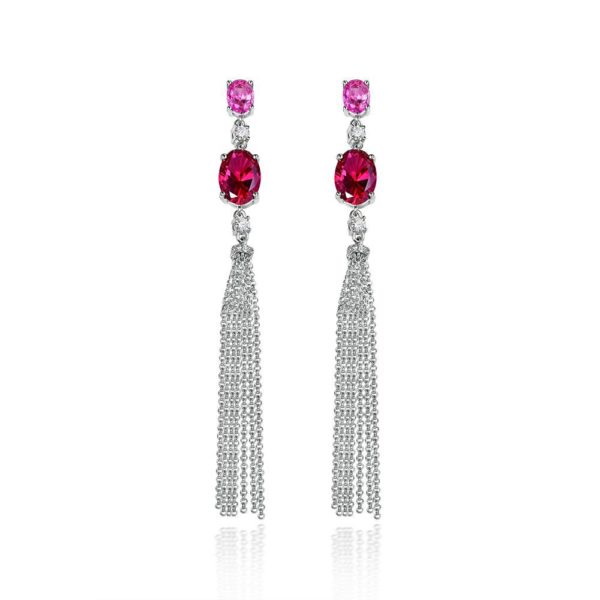 Wholesale New Design Boho dangle Long statement 925 Silver Drop Earrings funky Red Ruby Hanging long Tassel S925 Earrings for women