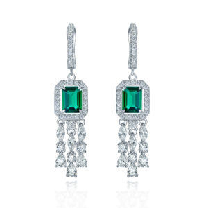European and America Green Emerald Tassel Earrings 925 Silver inlaid 6*8mm Emerald Cut Zirconia Classic Earrings